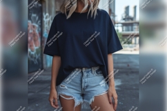 Woman Wearing Oversized Navy Tshirt Mockup Product Image 1