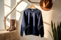Dark blue sweatshirt hanging on branch with boots and hat Product Image 1