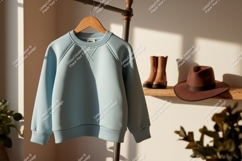 Light blue sweatshirt hanging on rack clothing apparel Product Image 1