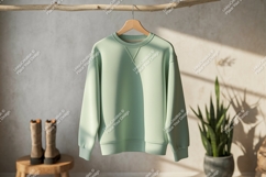 Mint green sweatshirt hanging on branch clothing garment Product Image 1