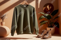 Olive green crewneck sweatshirt with boots image Product Image 1