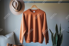 Orange sweatshirt hanging on rack with hat clothing Product Image 1