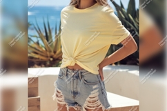 Woman In Yellow Tshirt Mockup Outdoors Product Image 1