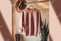 Rose pink sweatshirt hanging with hat and boots garment Product Image 1