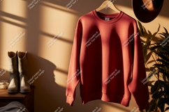 Red sweatshirt hanging on hanger with boots and hat Product Image 1