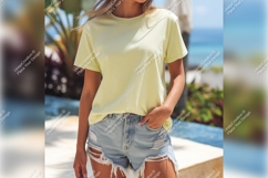 Woman Wearing Light Yellow Tshirt Mockup Outside Product Image 1