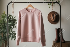 Pink sweatshirt hanging on rack clothing apparel Product Image 1