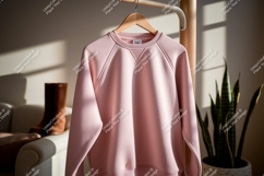 Pink sweatshirt hanging on wooden hanger clothing apparel Product Image 1