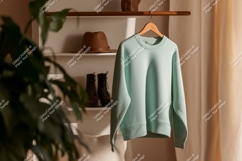 Mint green sweater hanging on rack clothing apparel Product Image 1