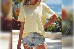 Woman In Yellow Tshirt Mockup And Denim Shorts Product Image 1