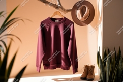Maroon sweatshirt hanging with hat and boots mockup Product Image 1