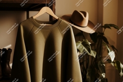Olive green sweatshirt hanging on hanger raglan seams Product Image 1