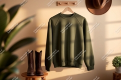 Olive green sweatshirt hanging on wooden peg rack with boots Product Image 1