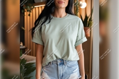 Woman In Sage Green Tshirt Mockup Product Image 1