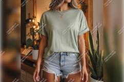 Woman Wearing Sage Green Tshirt Mockup Indoors Product Image 1