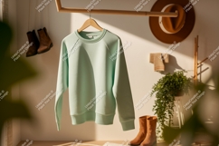 Mint green sweatshirt hanging on wooden rack image Product Image 1