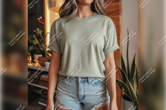 Woman Wearing Light Green Tshirt Mockup Indoors Product Image 1