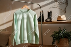 Mint green sweatshirt hanging on rack with boots and hat Product Image 1