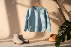Light blue sweatshirt beige hat light boots image Product Image 1