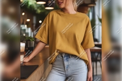 Woman Wearing Mustard Tshirt Mockup In Cafe Product Image 1