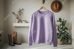 Lavender sweatshirt hanging on hanger clothing apparel Product Image 1
