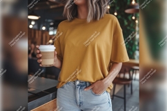 Woman Holds Coffee Wearing Mustard Tshirt Mockup Product Image 1