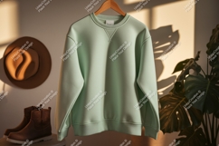 Mint green sweatshirt hanging on wooden hanger clothing Product Image 1