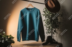 Teal sweatshirt hanging with hat and boots wooden hanger Product Image 1
