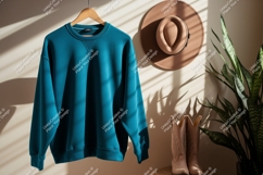 Teal sweatshirt tan hat cowboy boots plant image Product Image 1