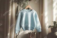 Light blue sweater hanging on hanger clothing garment Product Image 1