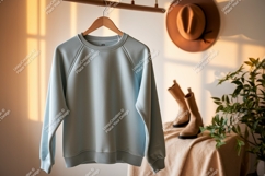 Light blue sweatshirt hanging on rack clothing apparel Product Image 1