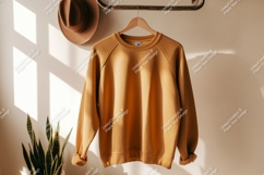 Mustard yellow sweatshirt hanging on rack mockup clothing Product Image 1