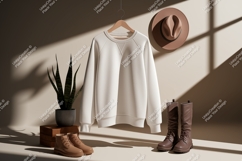 White sweatshirt tan hat brown boots plant mockup Product Image 1