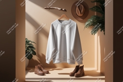 White sweatshirt brown boots hat plant image Product Image 1