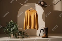 Mustard yellow sweatshirt hanging with hat and boots Product Image 1