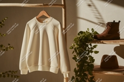 Creamy sweatshirt hanging wooden rack clothing apparel Product Image 1