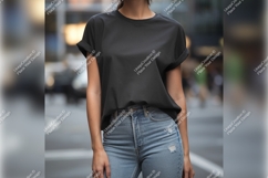 Woman In Black Tshirt Mockup With Blue Jeans Product Image 1