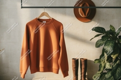 Orange sweatshirt hanging on rack clothing hanger Product Image 1