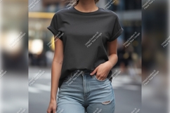 Woman In Gray Tshirt Mockup On Street Product Image 1