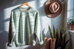 Mint green sweatshirt hanging with hat and boots mockup Product Image 1