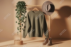 Olive green sweatshirt beige hat boots plant mockup Product Image 1