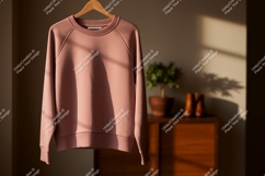 Pink sweatshirt hanging on wooden hanger clothing apparel Product Image 1