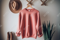 Coral sweatshirt hanging on wall garment apparel Product Image 1