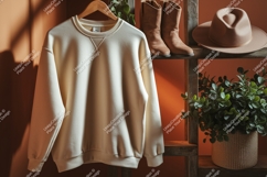 Creamy sweatshirt with cowboy boots and hat Product Image 1