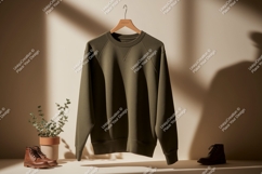 Olive green sweatshirt hanging with boots wooden Product Image 1