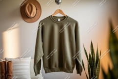 Olive green sweatshirt hanging indoors garment clothing Product Image 1