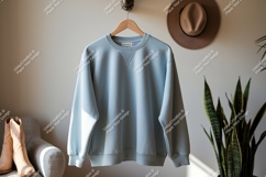 Light blue crewneck sweatshirt hanging garment clothing Product Image 1