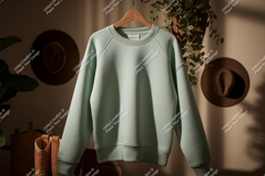 Mint green sweatshirt hanging indoors garment clothing Product Image 1