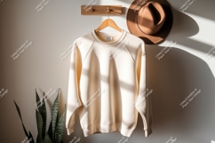 Creamy sweatshirt hanging on wall with hat image Product Image 1