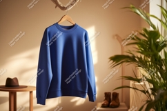 Blue sweatshirt hanging on wooden hanger Product Image 1